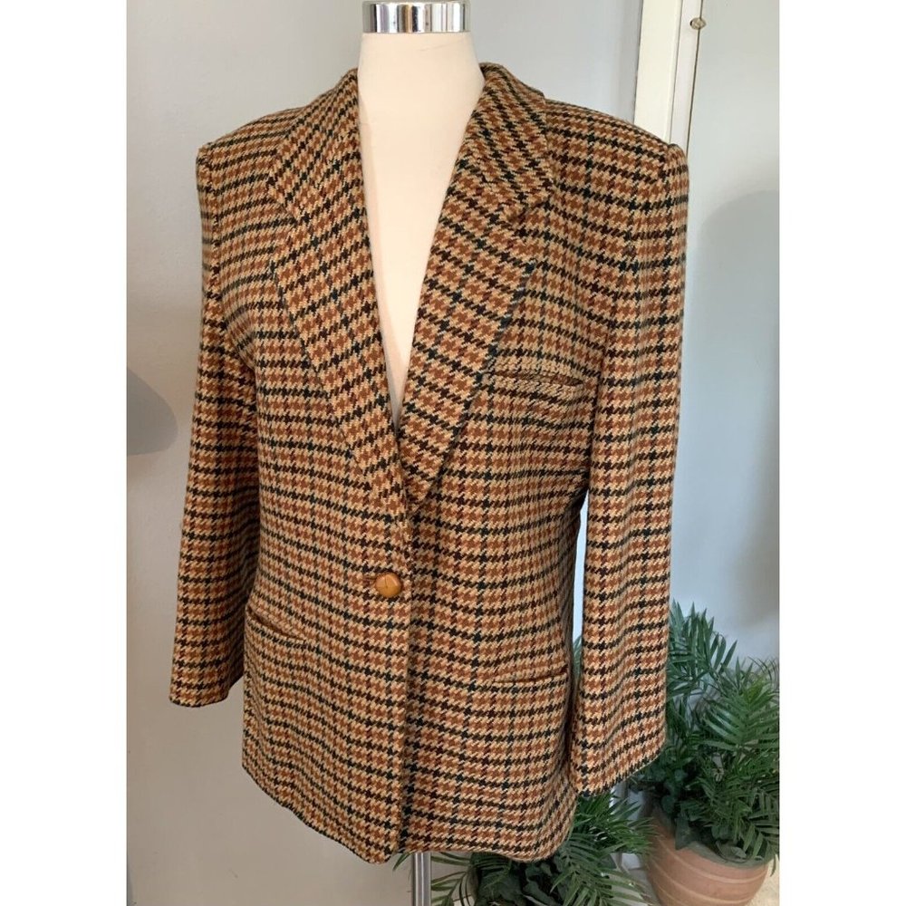 Women’s Wool & Cashmere Houndstooth Plaid blazer size 14 Warm Fall Colors - Picture 12 of 12